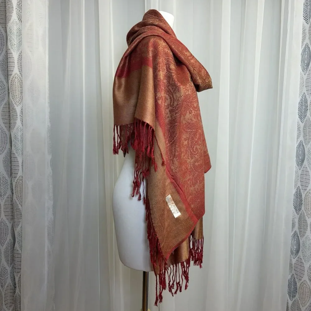 Reversible Pashmina Cashmere Silk Scarf Stole Wrap Shawl Paisley Burgundy Gold